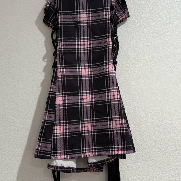 Grunge Women Egirl Plaid Front Zipper Side Lace-up A-Line Mini Dress - Picture 3 of 4